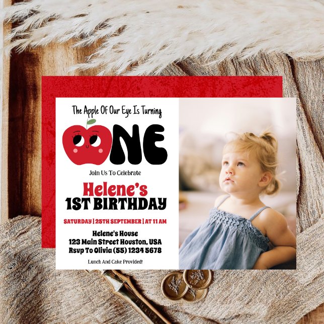Apple Of Our Eye Girl 1st Birthday Photo Party Invitation (Creator Uploaded)
