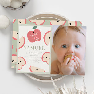 Apple of our Eye Green Boy 1st Birthday Photo Invitation