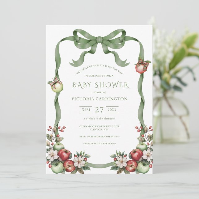 Apple of Our Eye Green Watercolor Elegant Baby Invitation (Standing Front)