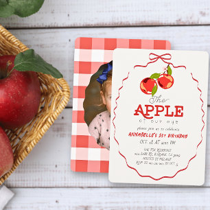 Apple of our Eye Red Bow Photo Girl 1st Birthday Invitation