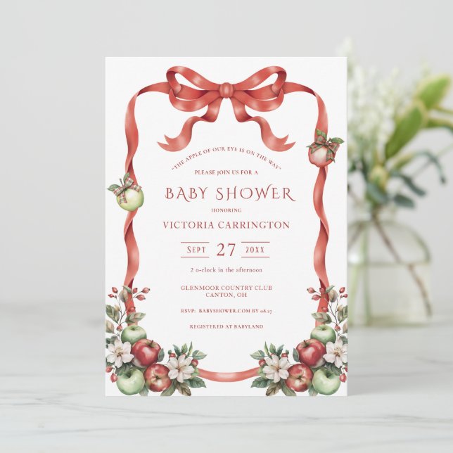 Apple of Our Eye Watercolor Elegant  Baby Shower Invitation (Standing Front)