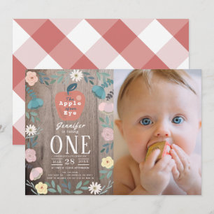 Apple of our Eye Wood Girl Photo 1st Birthday Invitation