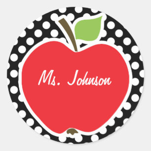 Apple on Black and White Polka Dots Classic Round Sticker