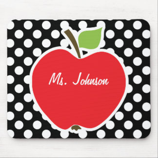 Apple on Black and White Polka Dots Mouse Mat