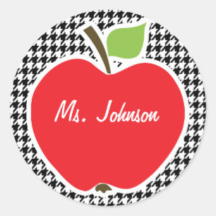 Apple on Black & White Houndstooth Classic Round Sticker