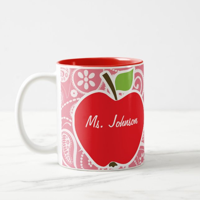 Apple on Blush Pink Paisley Two-Tone Coffee Mug (Left)