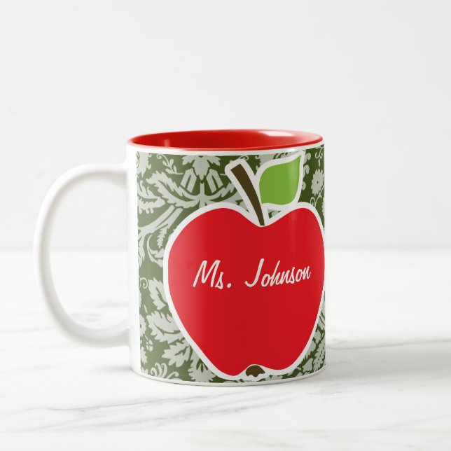 Apple on Dark Moss Green Damask Two-Tone Coffee Mug (Left)