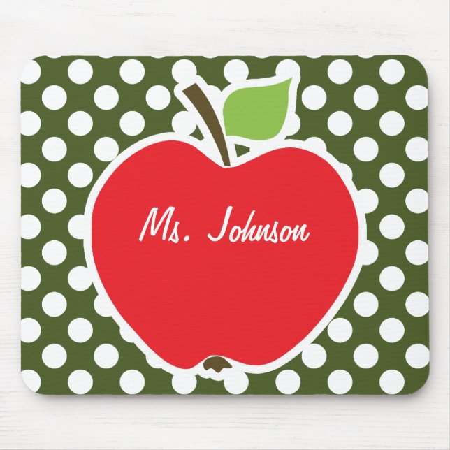 Apple on Dark Moss Green Polka Dots Mouse Mat (Front)