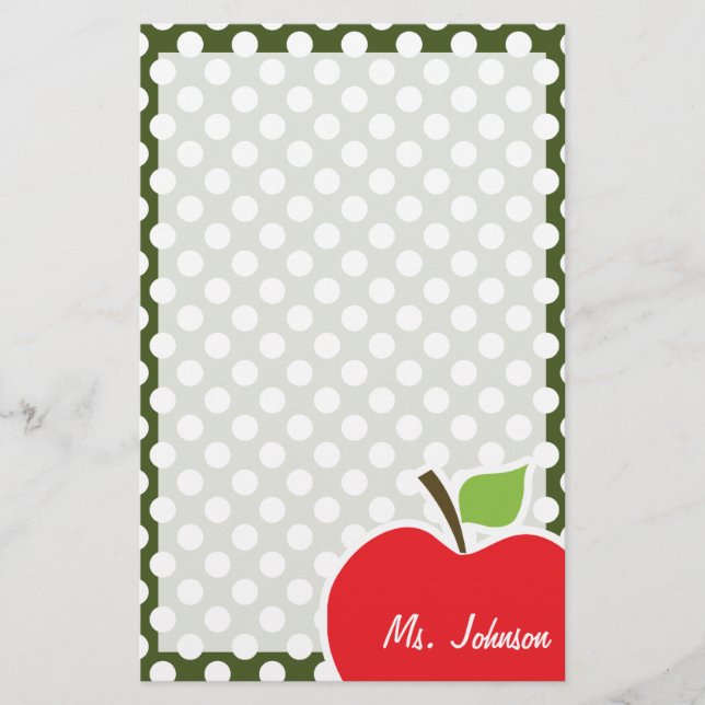 Apple on Dark Moss Green Polka Dots Stationery (Front)