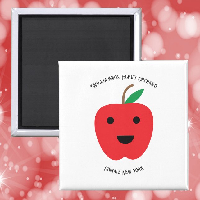 Apple Orchard Cute Family Personalise Magnet (A magnet with a cute red apple with a smile and text you can personalize!)
