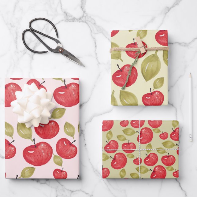 Apple Pattern Watercolor Hand-painted Wrapping Wrapping Paper Sheet (Front)