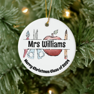 Apple Pencil & Scissors Design – Gift for Teachers Ceramic Tree Decoration