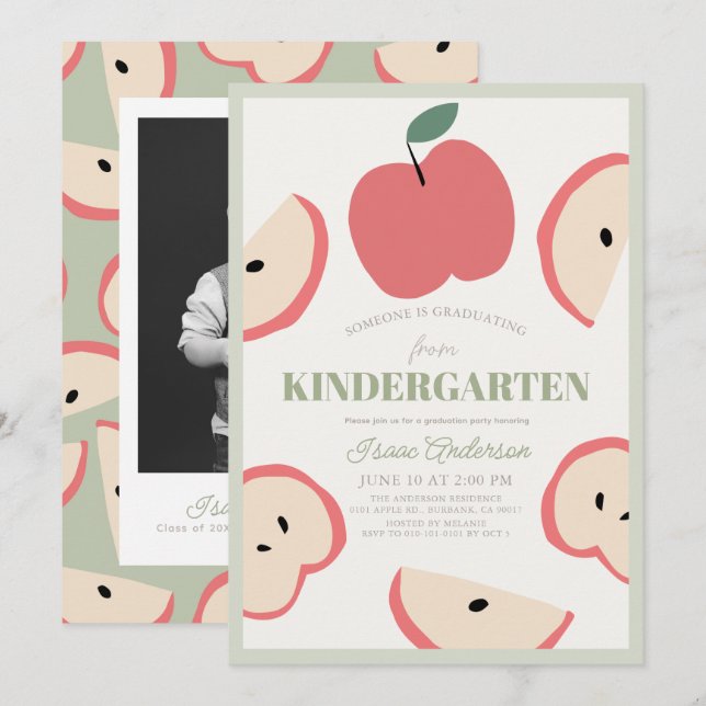 Apple Photo Green Boy Kindergarten Graduation Invitation (Front/Back)