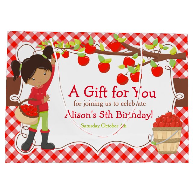 Apple Picking African American Girl Birthday Party Large Gift Bag (Back)