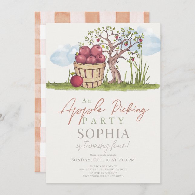 Apple Picking Basket & Apple Tree Birthday Invitation (Front/Back)