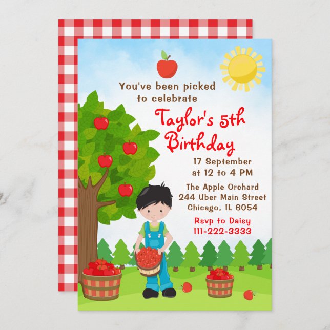 Apple Picking Birthday Black Hair Boy Invitation (Front/Back)