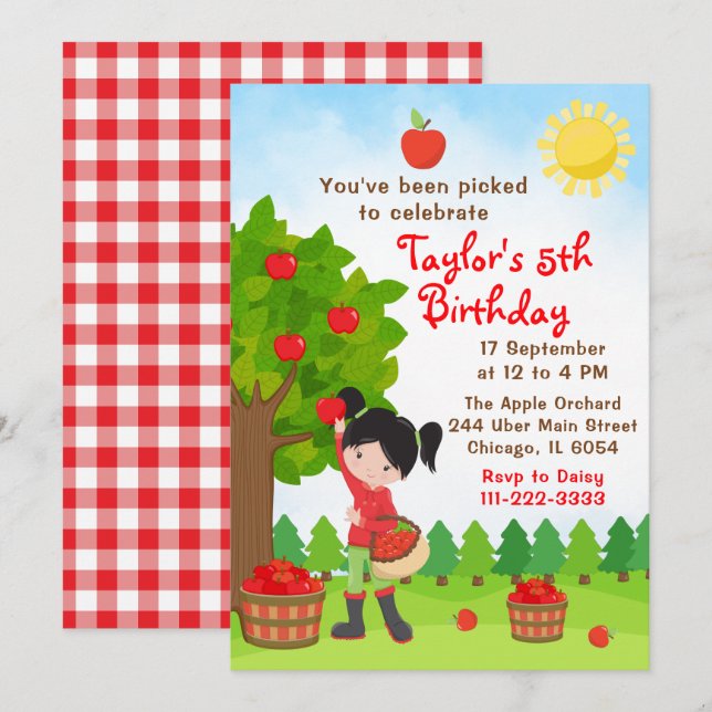 Apple Picking Birthday Black Hair Girl Invitation (Front/Back)