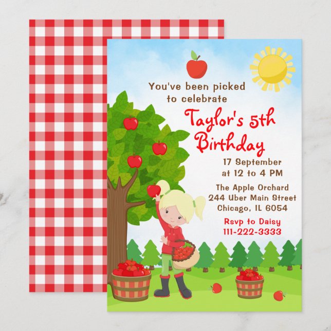 Apple Picking Birthday Blonde Hair Girl Invitation (Front/Back)