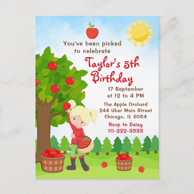 Apple Picking Birthday Blonde Hair Girl Postcard (Front)