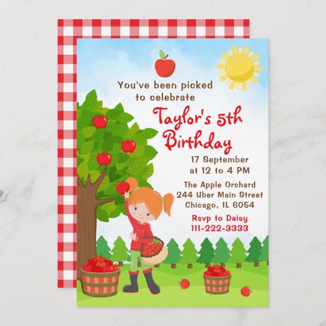 Apple Picking Birthday Red Hair Girl Invitation (Front/Back)