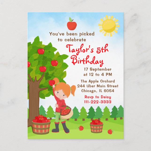 Apple Picking Birthday Red Hair Girl Postcard (Front)