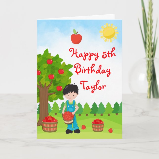 Apple Picking Black Hair Boy Happy Birthday Card (Front)