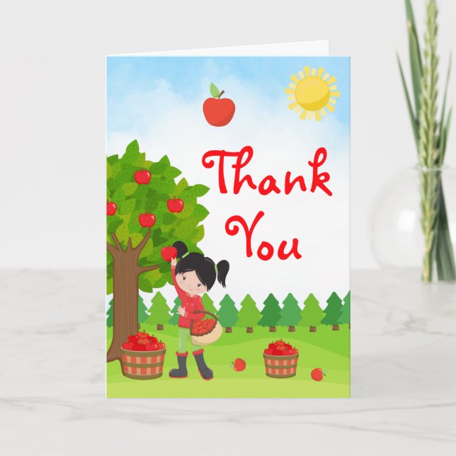 Apple Picking Black Hair Girl Birthday Thank You C (Front)