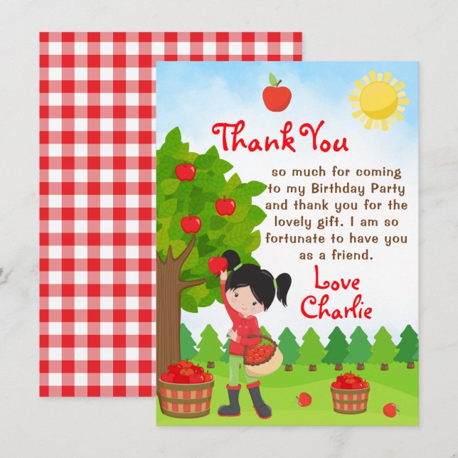 Apple Picking Black Hair Girl Birthday Thank You I Invitation (Front/Back)