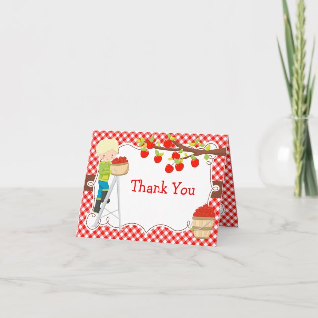 Apple Picking Blonde Hair Birthday Party Thank You Card (Front)