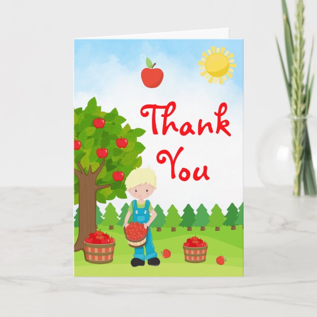 Apple Picking Blonde Hair Boy Birthday Thank You C Card (Front)