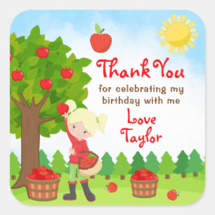Apple Picking Blonde Hair Girl Birthday Thank You  Square Sticker