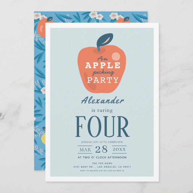 Apple Picking Boy Blue Birthday Invitation (Front/Back)