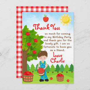 Apple Picking Brown Hair Boy Birthday Thank You In Invitation