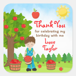 Apple Picking Brown Hair Boy Birthday Thank You Sq Square Sticker
