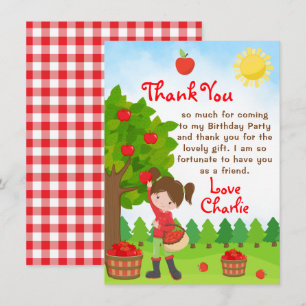 Apple Picking Brown Hair Girl Birthday Thank You I Invitation
