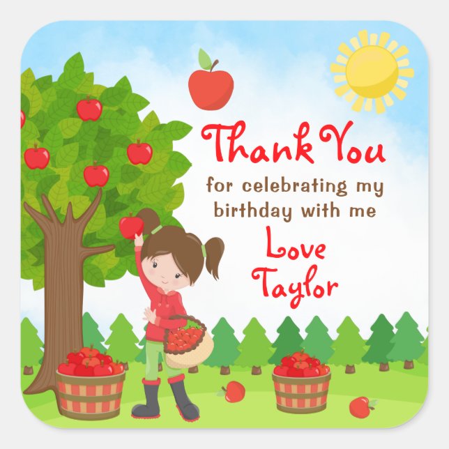 Apple Picking Brown Hair Girl Birthday Thank You S Square Sticker (Front)