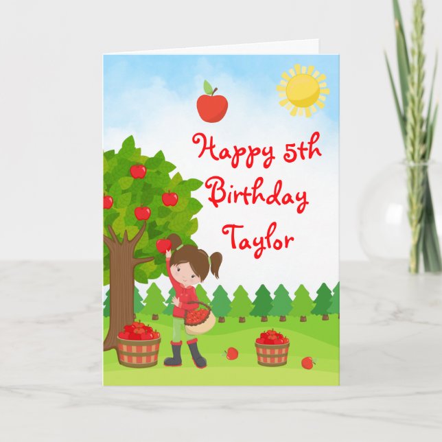 Apple Picking Brown Hair Girl Happy Birthday Card (Front)