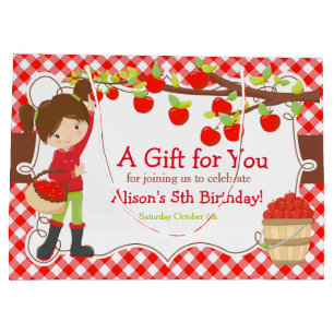 Apple Picking Brunette Girl Birthday Party Large Gift Bag