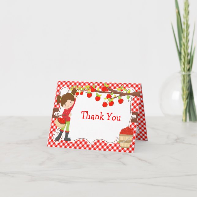 Apple Picking Brunette Girl Birthday Party Thank You Card (Front)
