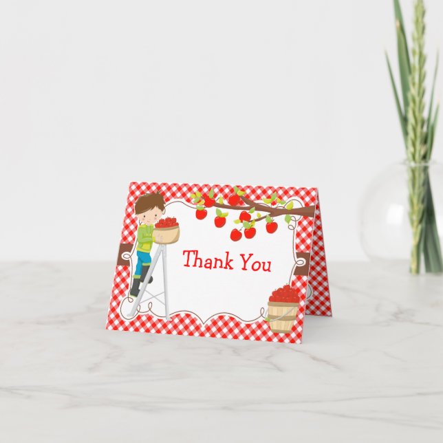 Apple Picking Brunette Hair Birthday Party Thank You Card (Front)