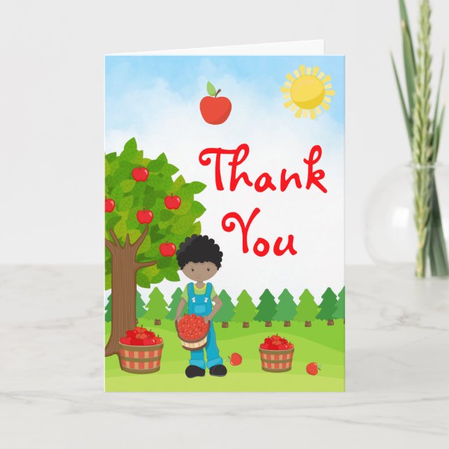 Apple Picking Dark Skin Boy Birthday Thank You Car Card (Front)