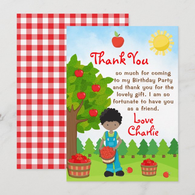 Apple Picking Dark Skin Boy Birthday Thank You Inv Invitation (Front/Back)