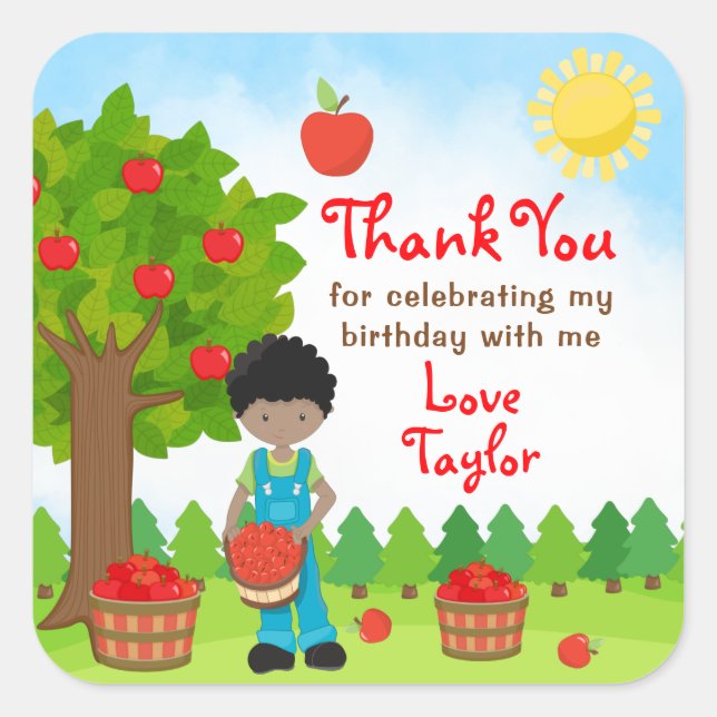 Apple Picking Dark Skin Boy Birthday Thank You Squ Square Sticker (Front)