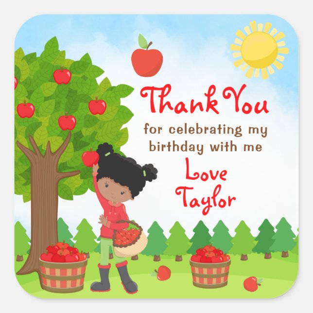 Apple Picking Dark Skin Girl Birthday Thank You Sq Square Sticker (Front)