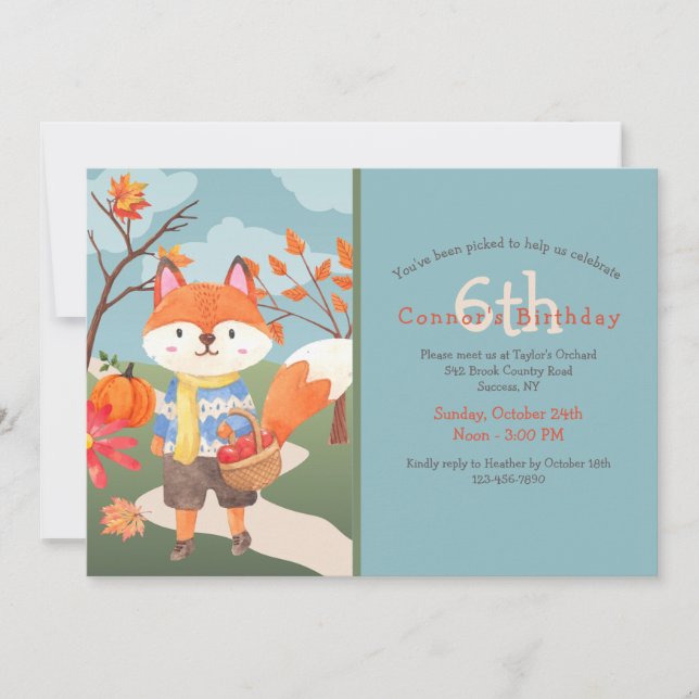 Apple Picking Fox Birthday Invitation (Front)