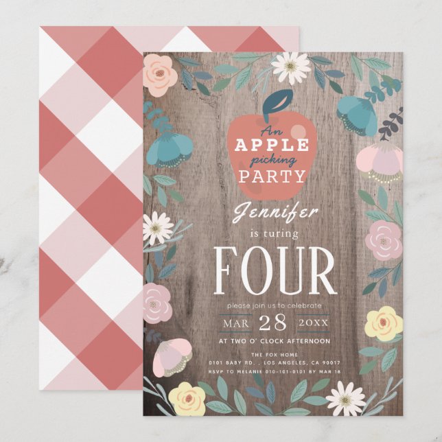 Apple Picking Party Floral Wood Kids Birthday Invitation (Front/Back)
