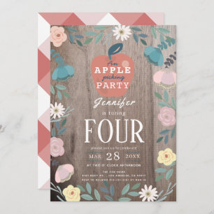 Apple Picking Party Floral Wood Kids Birthday Invitation