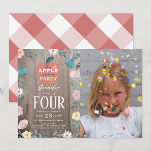 Apple Picking Party Floral Wood Photo Birthday Invitation