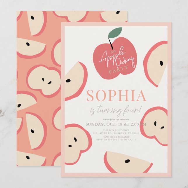 Apple Picking Party Pink Girl Birthday Invitation (Front/Back)