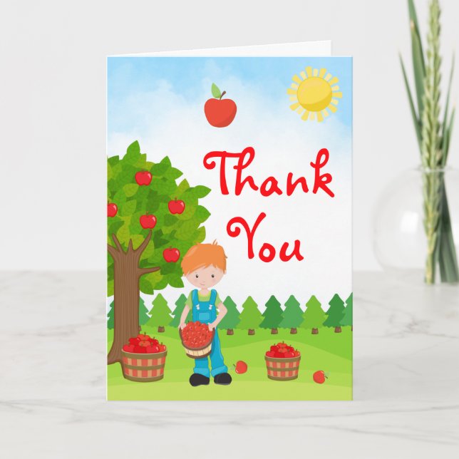 Apple Picking Red Hair Boy Birthday Thank You Card (Front)